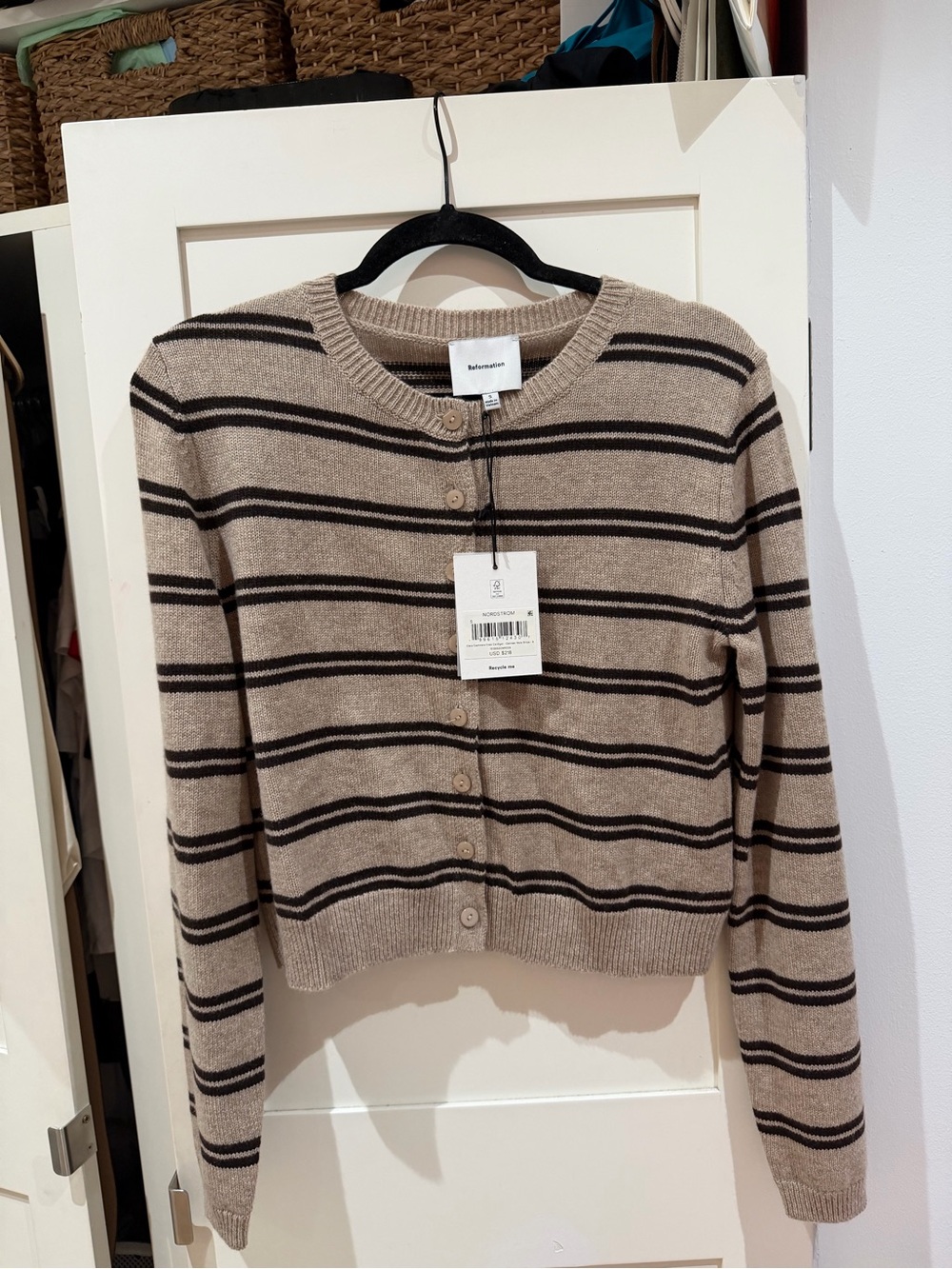 Reformation Clara Cardigan Beige Stripe Button-Front Knit Cardigan